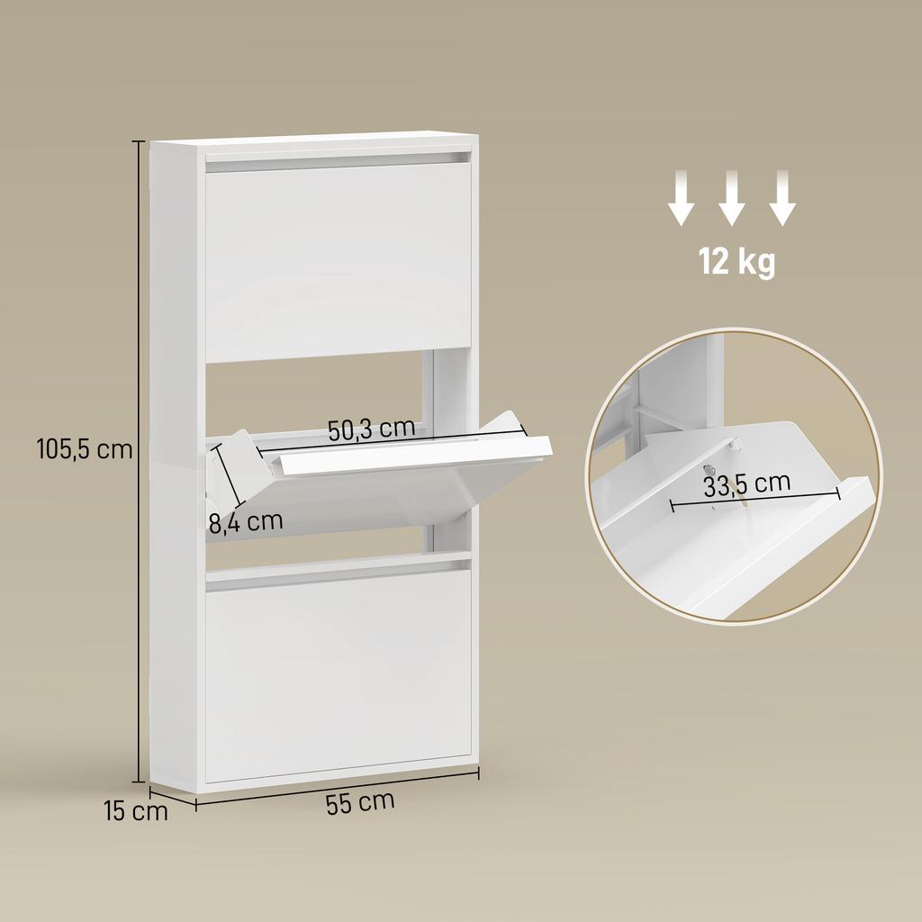 Metal Shoe Cabinet With 3 Flip Compartments Slim Wall Mounted Shoe Rack For 6 Pairs Of Shoes White
