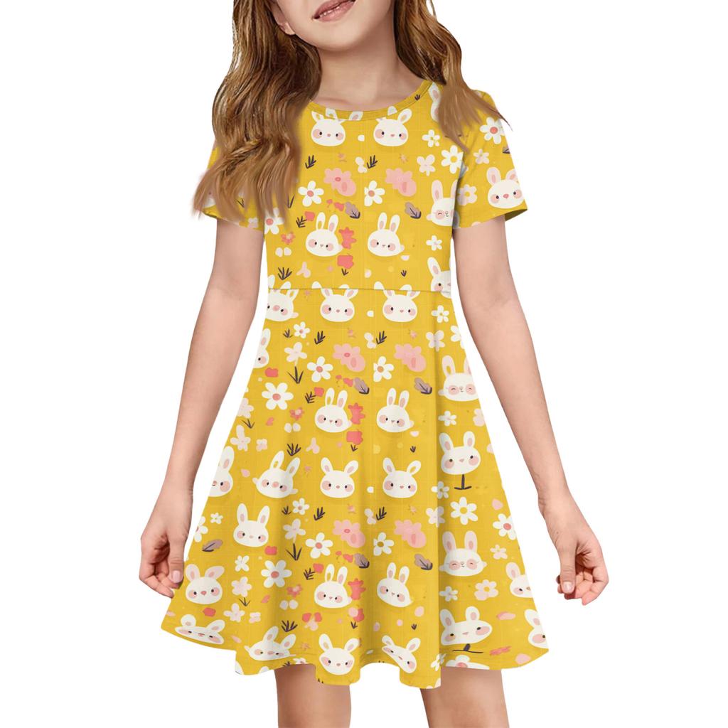 Girl Summer Dress Color & Print Short Sleeve Dress With Pocket Casual Dress Shorts Sleeve Party Dress Easter Day