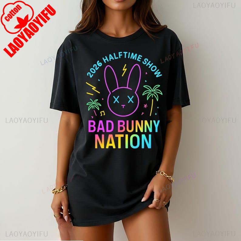 2026 BAD BUNNY NATION Graphic T Shirts Graphic Graphic Womens Trend Leisure Lovely Fans Tee Regular Short Sleeve Cotton Tops
