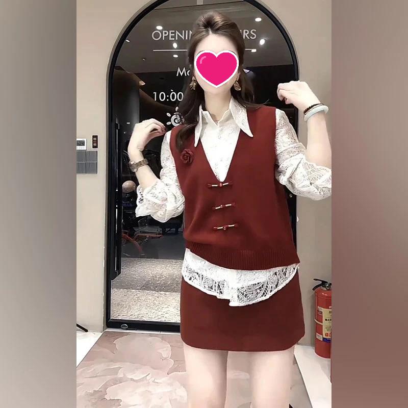 

2026 Red V-neck Vest Polo & High-Waisted Skirt Chinese Style Outfit XL (For 115-125 lbs)