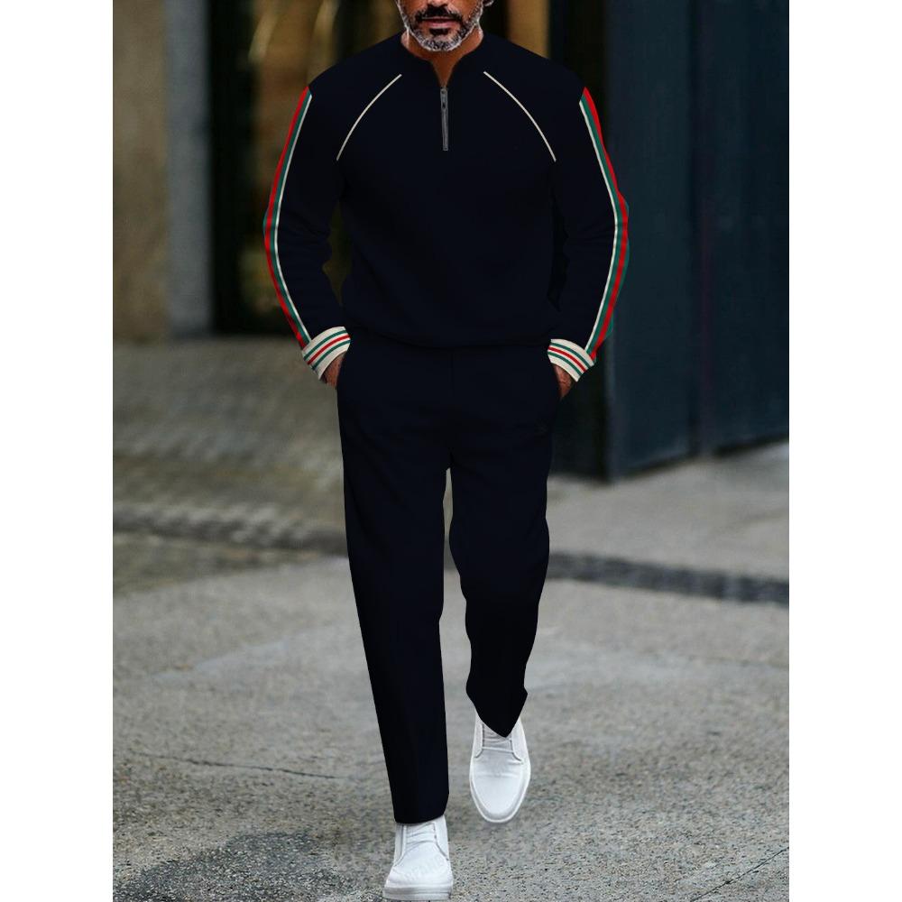 Spring Autumn 3D Printed Fashion Streetwear Men's Long-Sleeved Sets Half-Zipper Stand-Up Collar Men's Casual Sportswear Two-Piece set