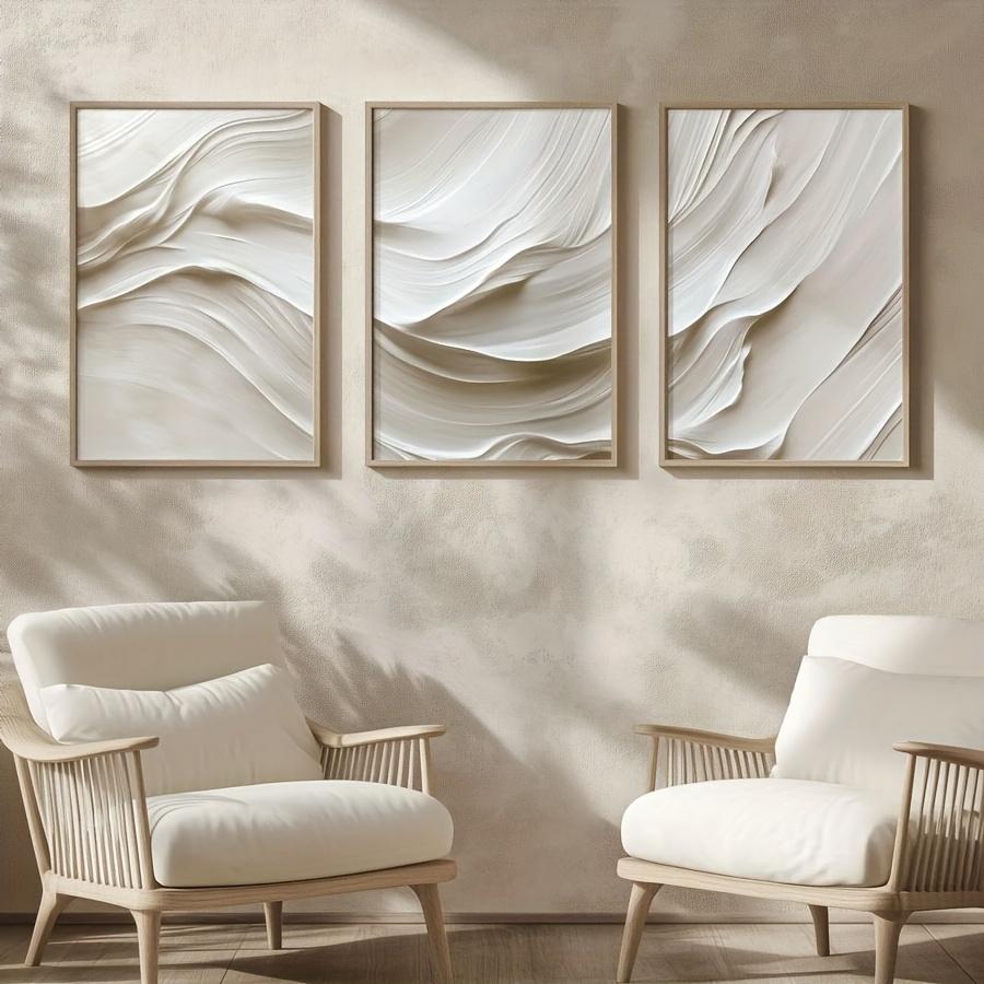 3 pezzi/set Tonalità Morbida Beige Neutro Stampa su Tela Semplice Onda Bianca Arte Astratta Murale Poster Decorazione per Soggiorno Camera da Letto Casa