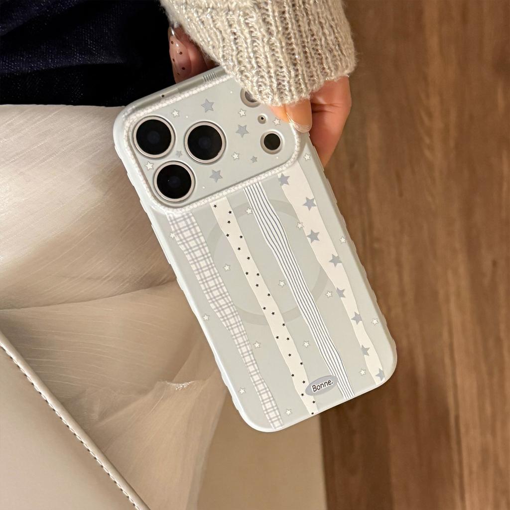 Korean Plaid Striped Splicing Fold Stars Magnetic Bracket Phone Case For iPhone 17 14 15 16 13 12 Pro Max Shockproof Soft Cover