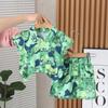 Children's Summer Full Print Leaf Flower Standing Neck Shirt Short Sleeve Set