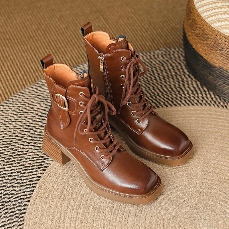 

мода 2024 Високоякісне взуття для жінок Бічна блискавка Жіночі чоботи Осінь Квадратний носок Однотонні Коротка халява Масивні підбори Модні чоботи 40 коричневий