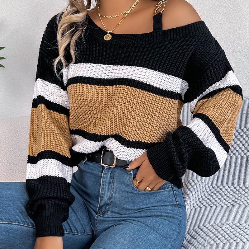 Women's Off Shoulder Sweater - Color Block Striped Bell Sleeve Pullover with Metal Buttons Fall Winter Casual Knitwear