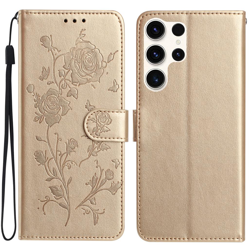For Samsung Galaxy S24 Ultra Wallet Case Rose Pattern Imprinted Leather Flip Stand Phone Cover