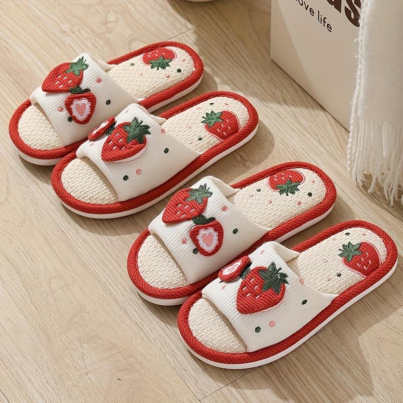 Cute Strawberry Pattern Linen Slippers, Open Toe Breathable Soft Sole Flat Shoes, Comfy Indoor Floor Slippers