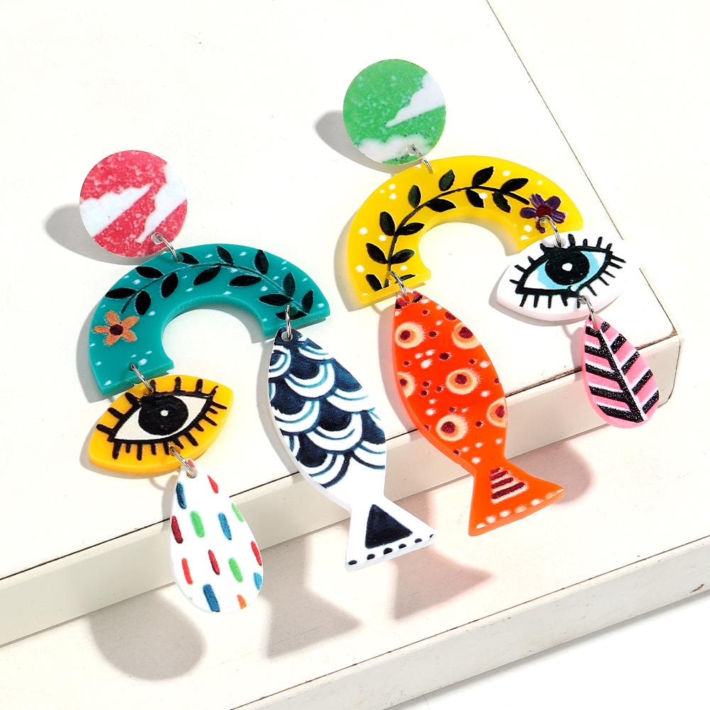 

Creative Geometric Acrylic Earrings for Women Funny Fish Eye Leaf Print Long Drop Earring New Design Jewelry Birthday Gift
