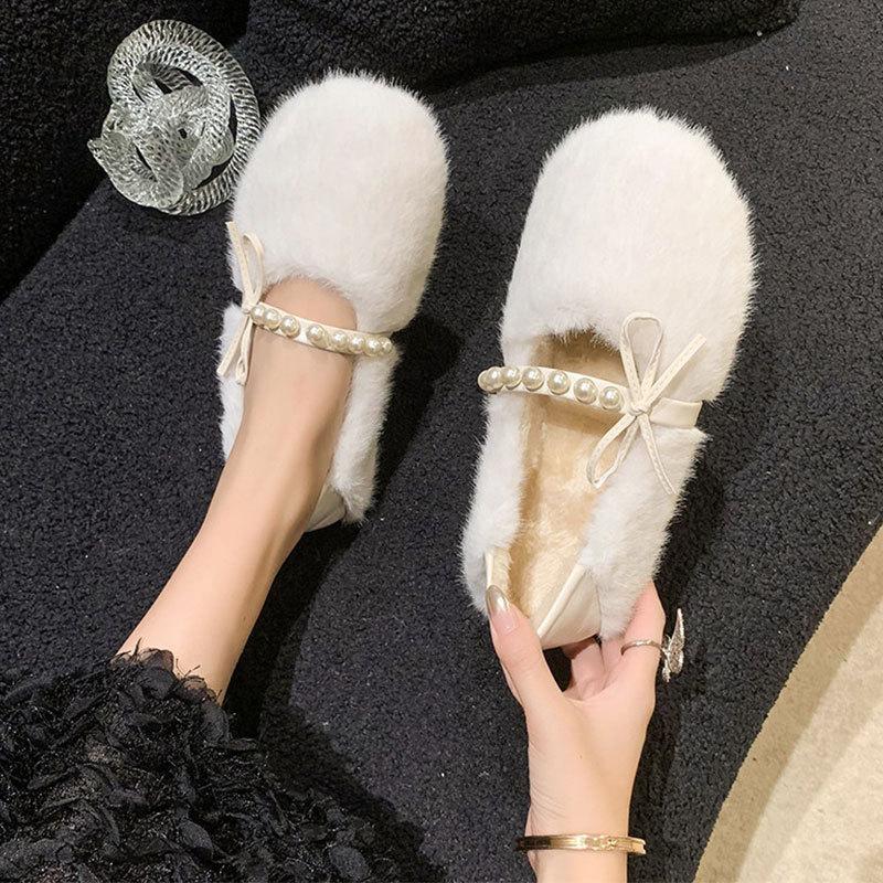 Xiaoxiangfeng Fluffy Shoes Women's Autumn and Winter New Soft Flat-bottomed Velvet Bean Shoes Warm Cotton Shoes