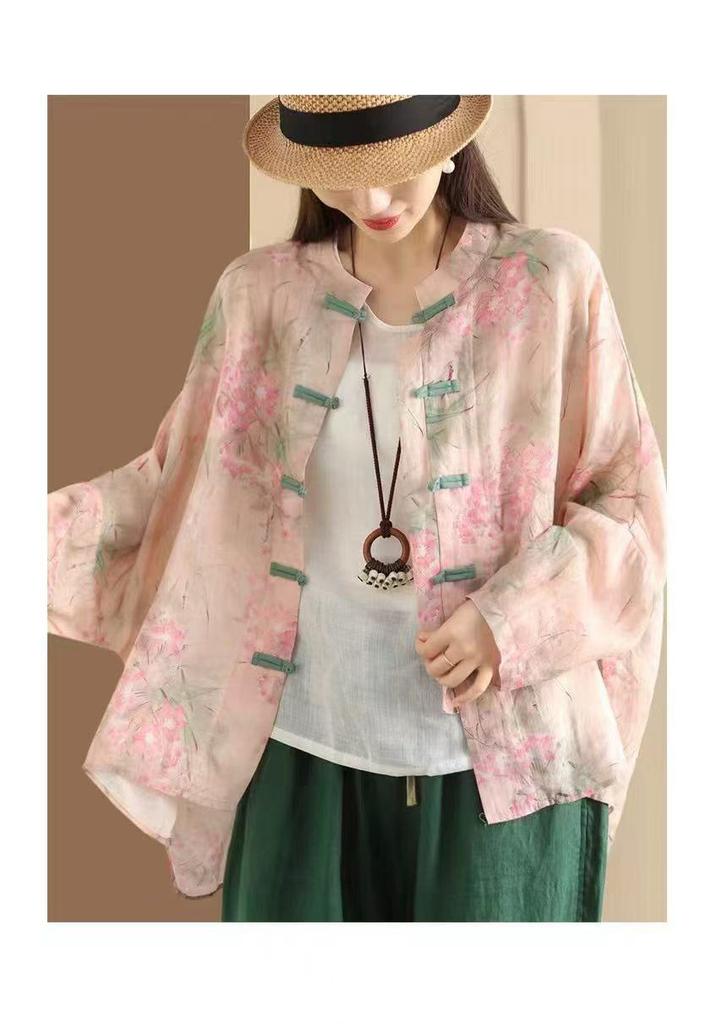 2026 Spring/Summer Women's Chinese-Style Elegant Print Stand-Up Collar Long-Sleeve Ramie Shirt