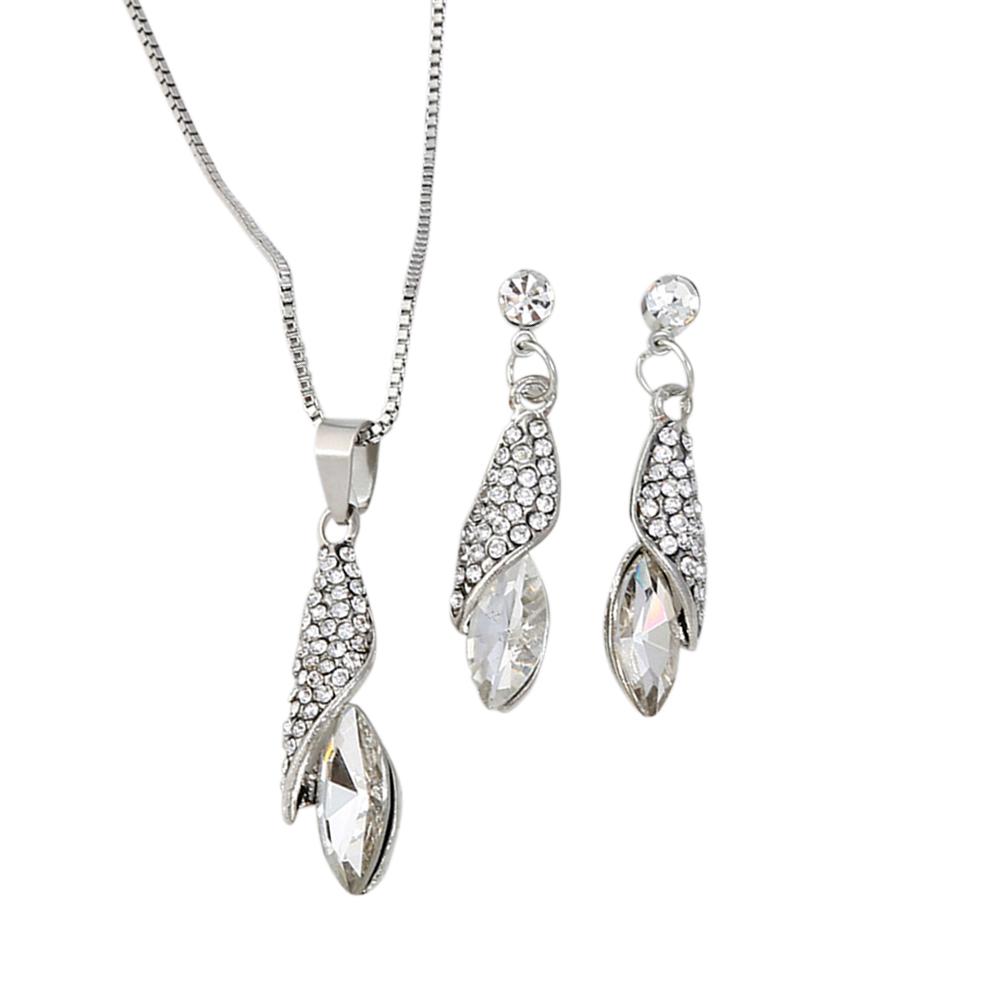 Women Fashion Diamond Drops Necklace + Earrings Set Delicate Wear Decoration