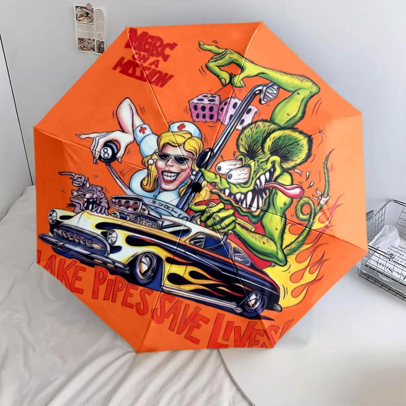 1pc Rat Fink pattern Umbrella Portable Folding Umbrella Iron Frame Hole Bone Structure Outdoor Home Umbrella