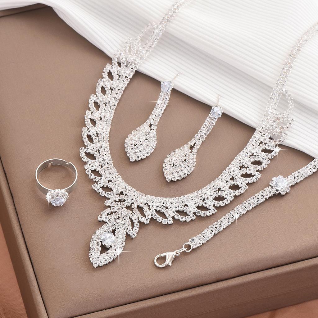 New Leaf Necklace Earrings Four-piece Set Fashion Bridal Wedding Rhinestone Accessories Necklace