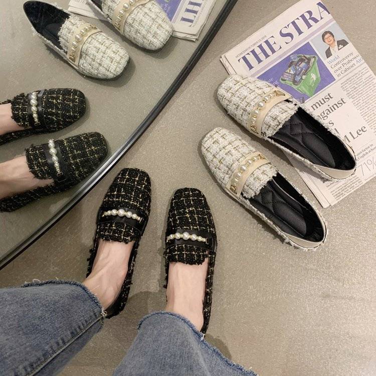 Women's Spring and Summer Square-headed Flat Shoes Korean Version Versatile Beaded Decorative Shallow Flat Heel Cloth Shoes