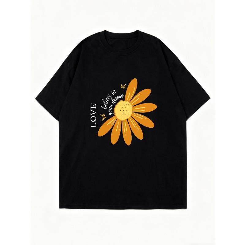 Oversized T Shirt Black Sunflower Love Print Summer Casual Wear