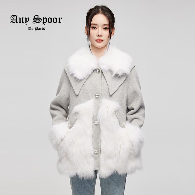 

ANY SPOOR Women s Wool & Fox Fur Long Sleeve Coat M
