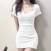 Spice Girl Blue V-neck Short-sleeved T-shirt Dress Women's Summer Small Slim-fit Sexy Hip-wrapped A-word Short Skirt Skirt