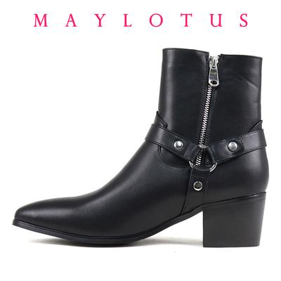 Fashion Mid-Calf Cowboy Boots Men Fashion Side Zip Pointed Toe High Heels Genuine Leather Work Boots Man Footwear High Top Riding Shoes