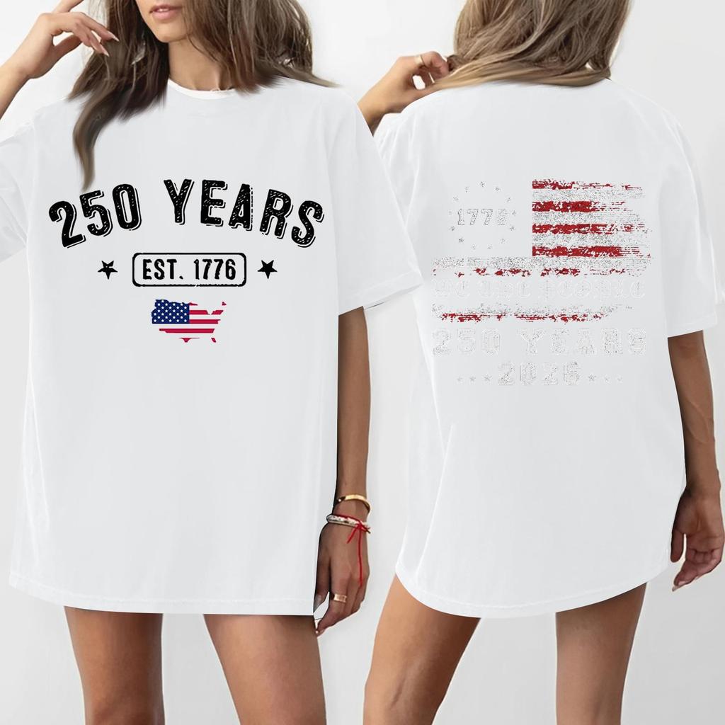 Women's Casual Independence Day 250 Anniversary Printed T-shirt Round Neck Pullover Short Sleeve Top