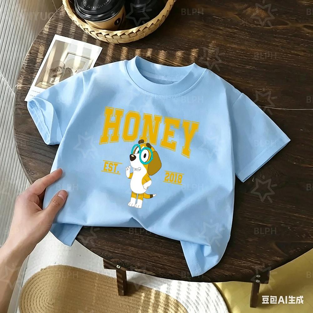 Kids Cute Honey Bluey Printed T Shirt Casual Soft Short Sleeve Tees for Boys Girls Cartoon Comfortable Summer Tops Est 2018