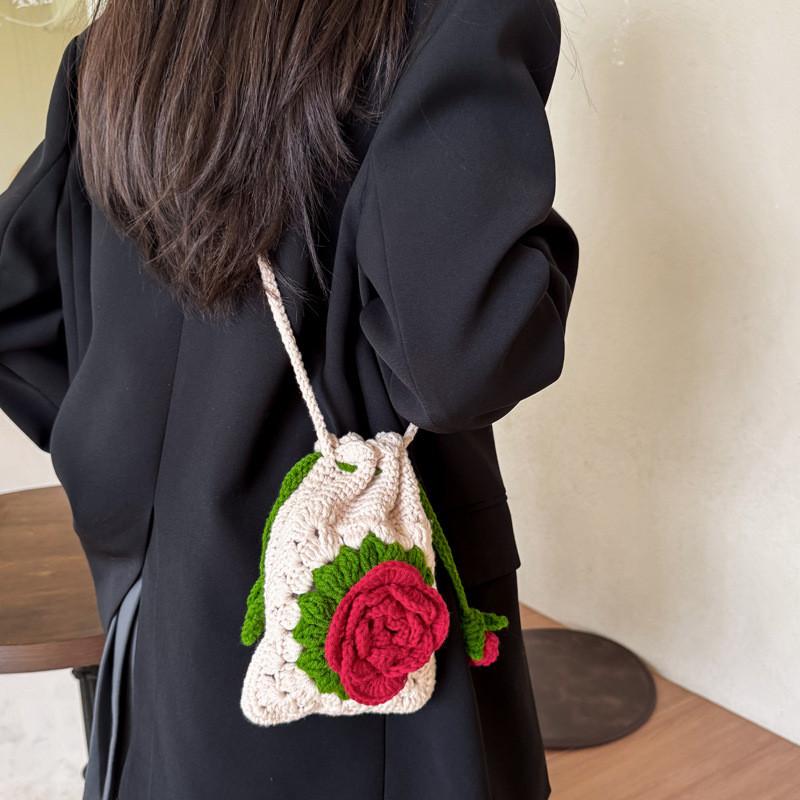 Korean Style Drawstring Shoulder Bag With Handwoven Yarn And Rose Embellishments For Daily Use