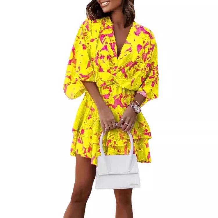BITCED Women's Autumn V-Neck Loose Bat Sleeve Printed Dresses