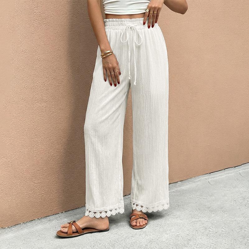 

Women High Waist Drawstring Lace Trim Loose Casual Wide Leg Pants S