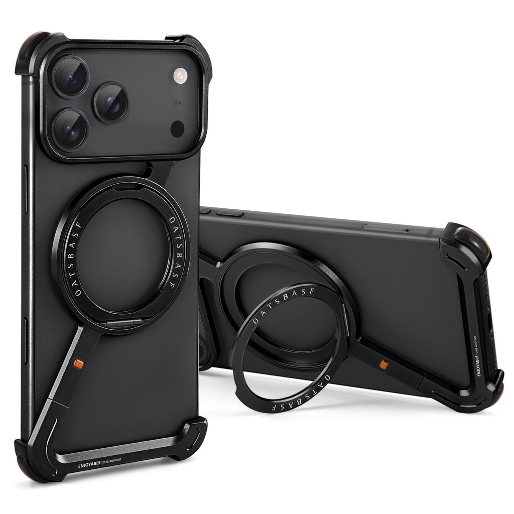 Oatsbasf Frameless Metal Phone Case for IPhone 17 Pro/Pro Max/17 Air with Stand 360° Rotatable Magsafe Protective Shockproof