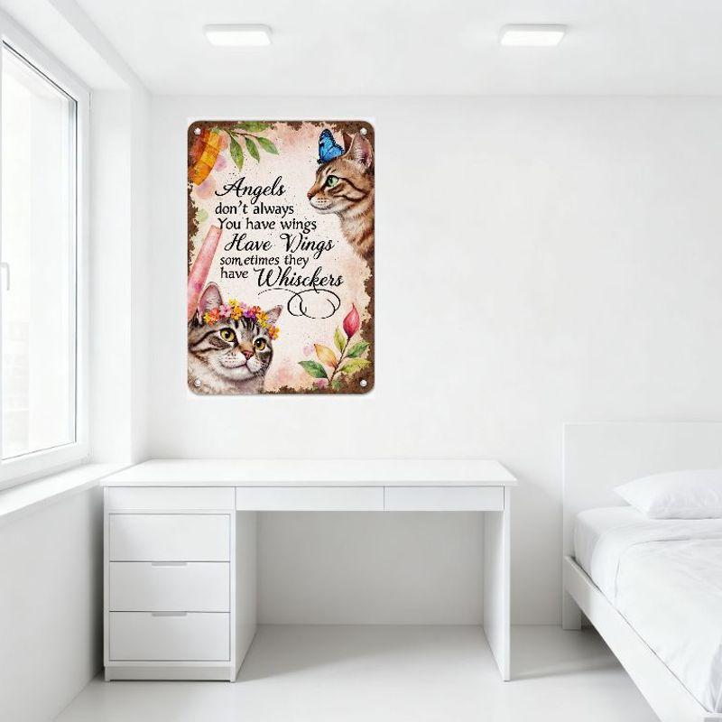 Vintage Distressed Cat Angels Tin Sign with Whiskers Quote, Metal Wall Decor for Home Cafe Bar, Illustrated Cats & Floral Design