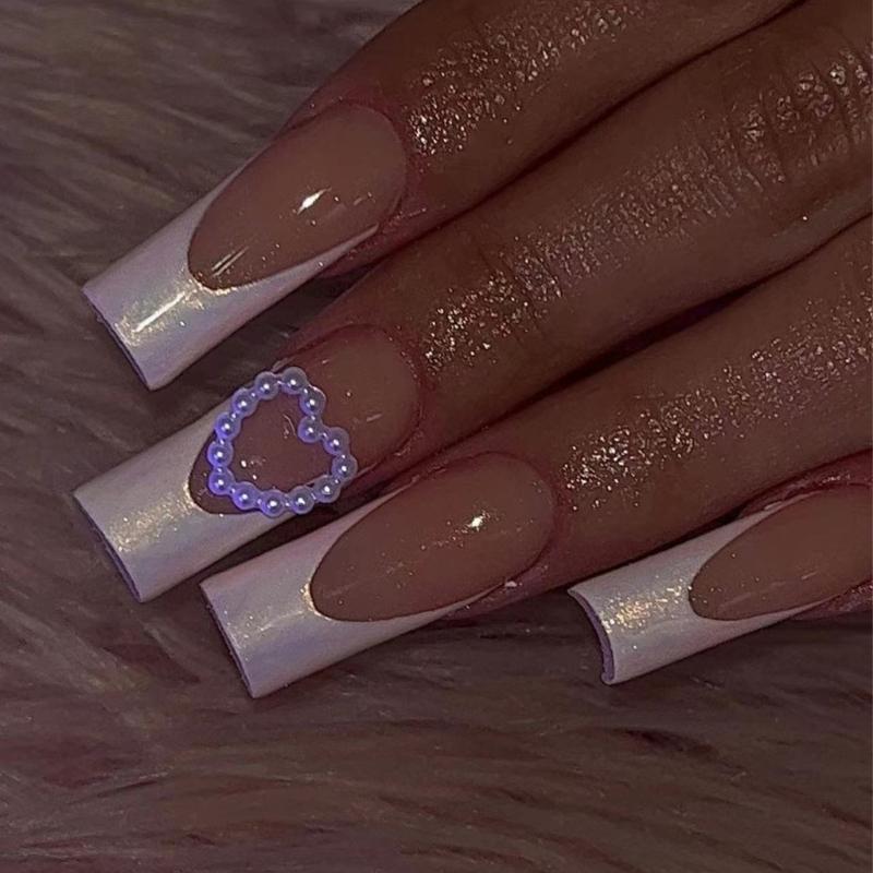 Square Press On Nail Fake Nail Heart Pearls Glues On Nail Auroras Acrylic Nail 24pcs Stick On Nail for Women and Girls