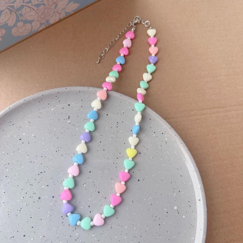 1Pcs Women'S Y2K Colorful Acrylic Heart Beaded Choker Necklace Sweet Aesthetic Goth Jewelry Trendy Vintage Accessory