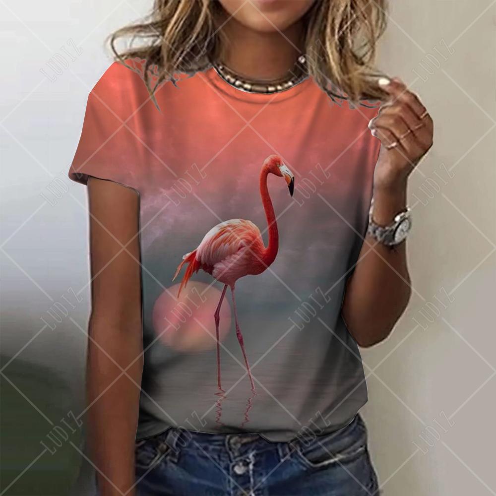 Moda feminina camiseta com gráfico de flamenco 3D impresso manga curta verão oversized poliéster fibra roupas