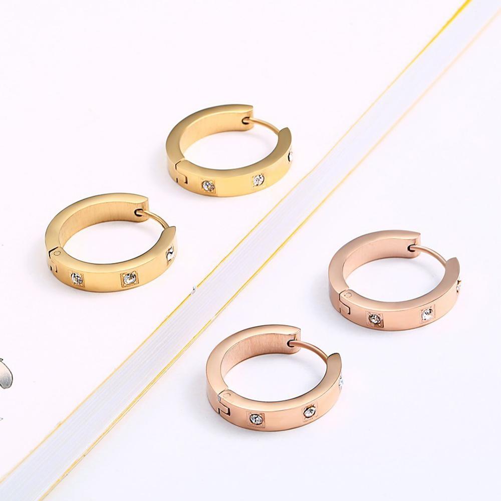 Stainless Steel Rose Gold Crystal Stones Hoop Earrings Jewelry Women Ladies Minimalism Earrings Jewellery Gift for Him