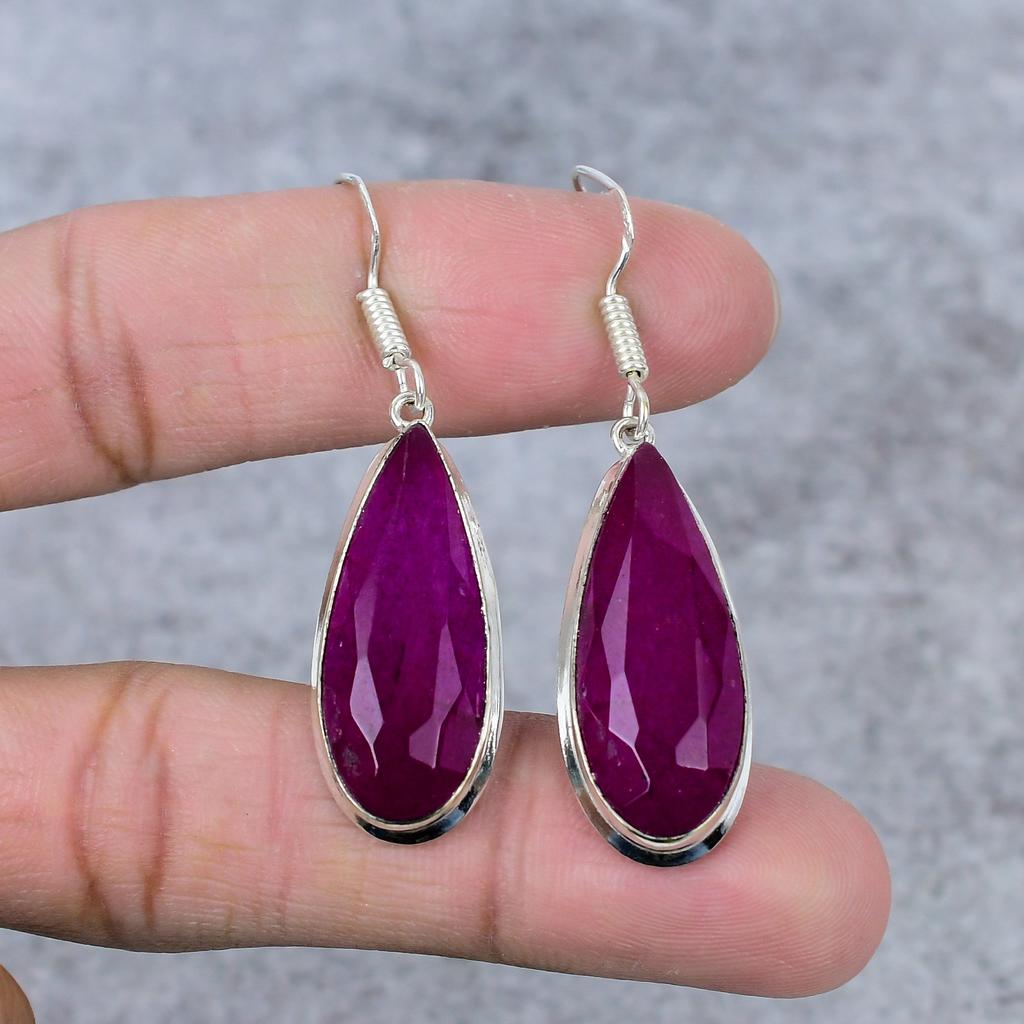 Red Jade Gemstone Handmade 925 Sterling Silver Jewelry Earring 2.36" M-356