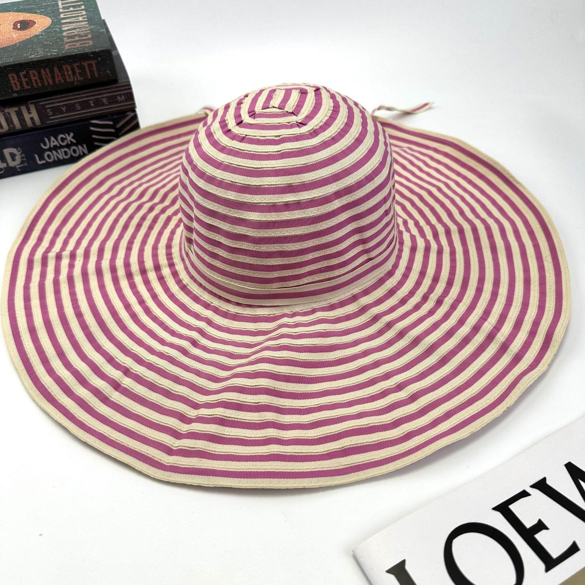 Charm Clothings Women's Pink/Beige/White Striped Bow Casual Big Brim Straw Hat Outdoor Girl Travel Beach Sunshade Sunscreen Hat 56-58Cm