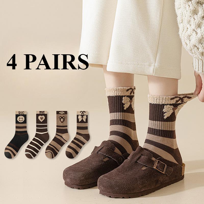 4 Pairs Autumn and Winter New Brown Maillard Socks Women's Light Luxury Style Ins Trendy Socks Love Bear Warm Raw Edge