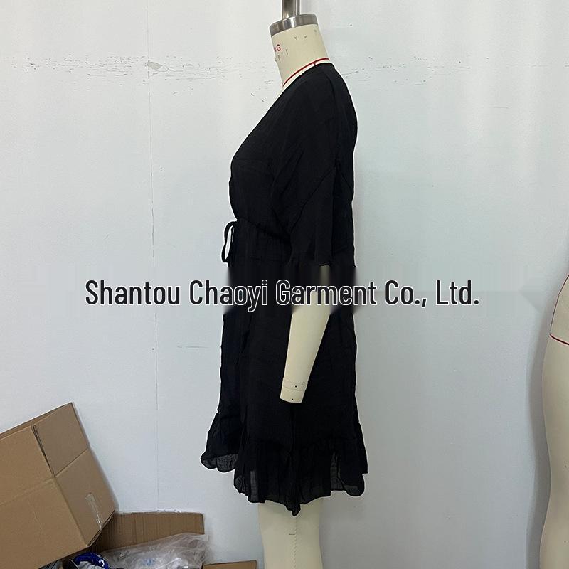 European & American Vacation Sun Protection Sheer Ruffle Bikini Cover-up Dress with Drawstring Waist.