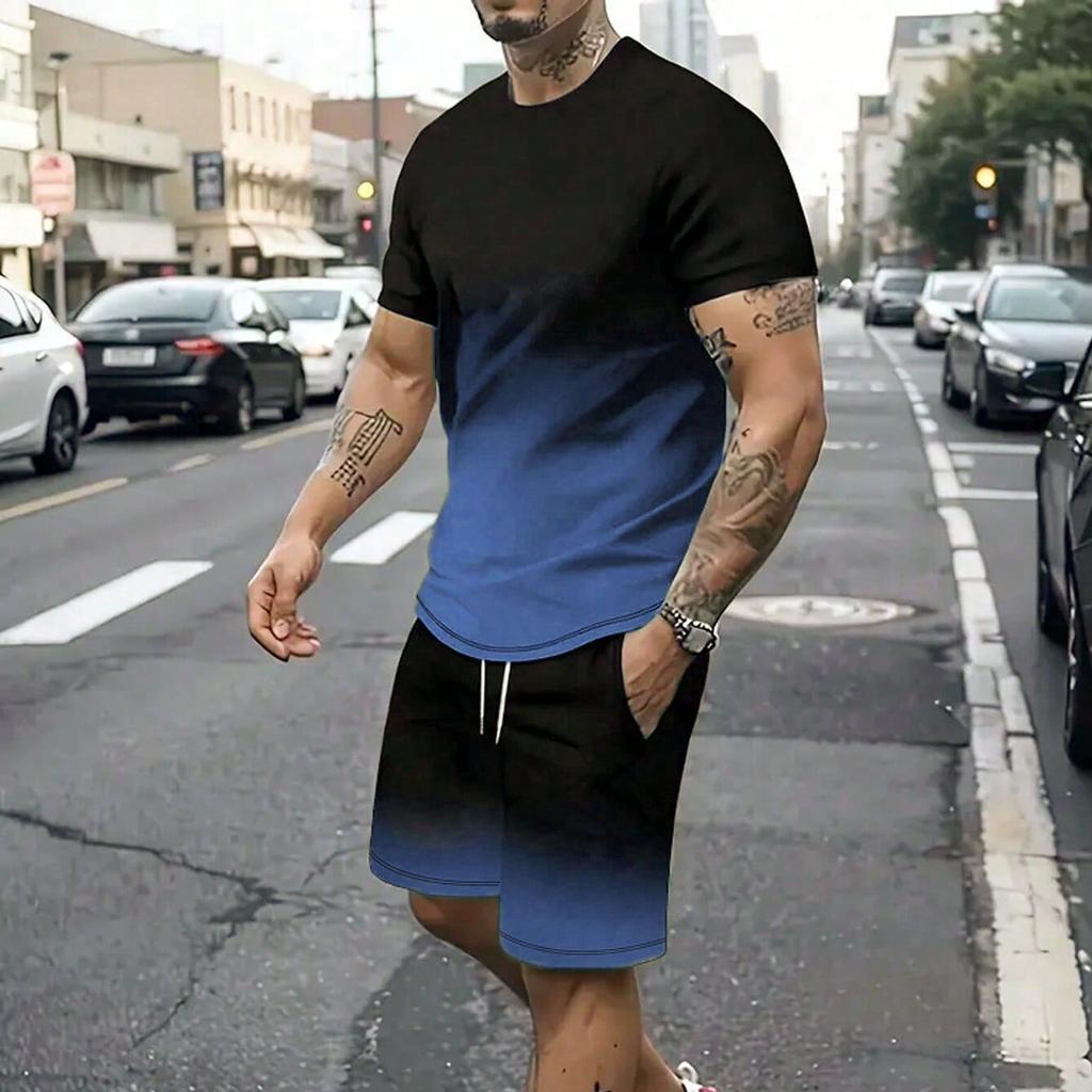 Manfinity Homme Pánske Letné Farebné Blokové Potlačené Ležérne Tričko s Krátkym Rukávom a Okrúhlym Výstrihom a Šortky so Sťahovacou Šnúrkou