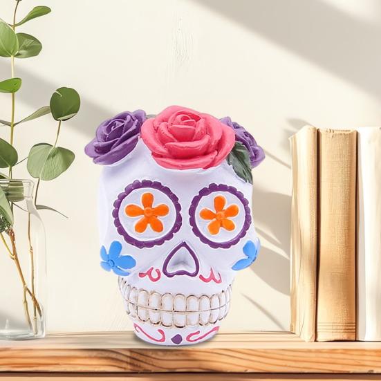 Day of The Dead Floral Skull Statue Colorful Flower Patterned Human Head Bone Model Resin Sugar Skull Figurine for Halloween Home Tabletop Decor