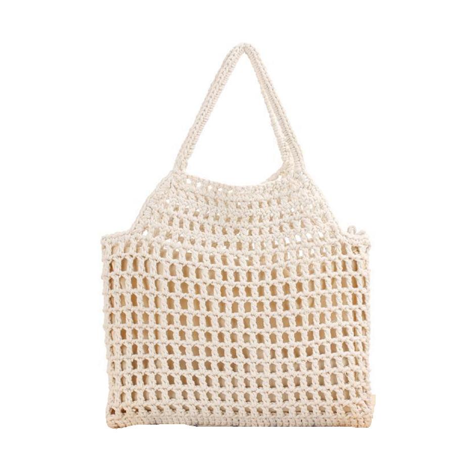 Women Hollow Out Clutches Top-handle Bag Hand-woven Shoulder Bag with Cott Thread Summer Beach Shopper Satchel Female Handbags