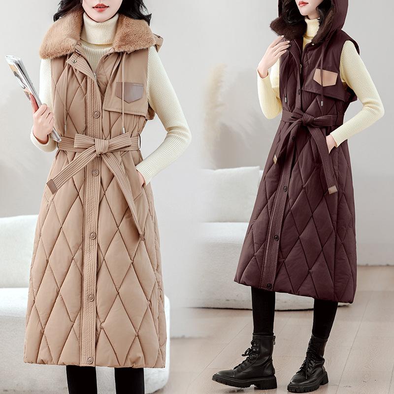 Long down cotton vest, slim and thin in winter, women's sleeveless jacket over the knee waist, cotton vest temperament vest