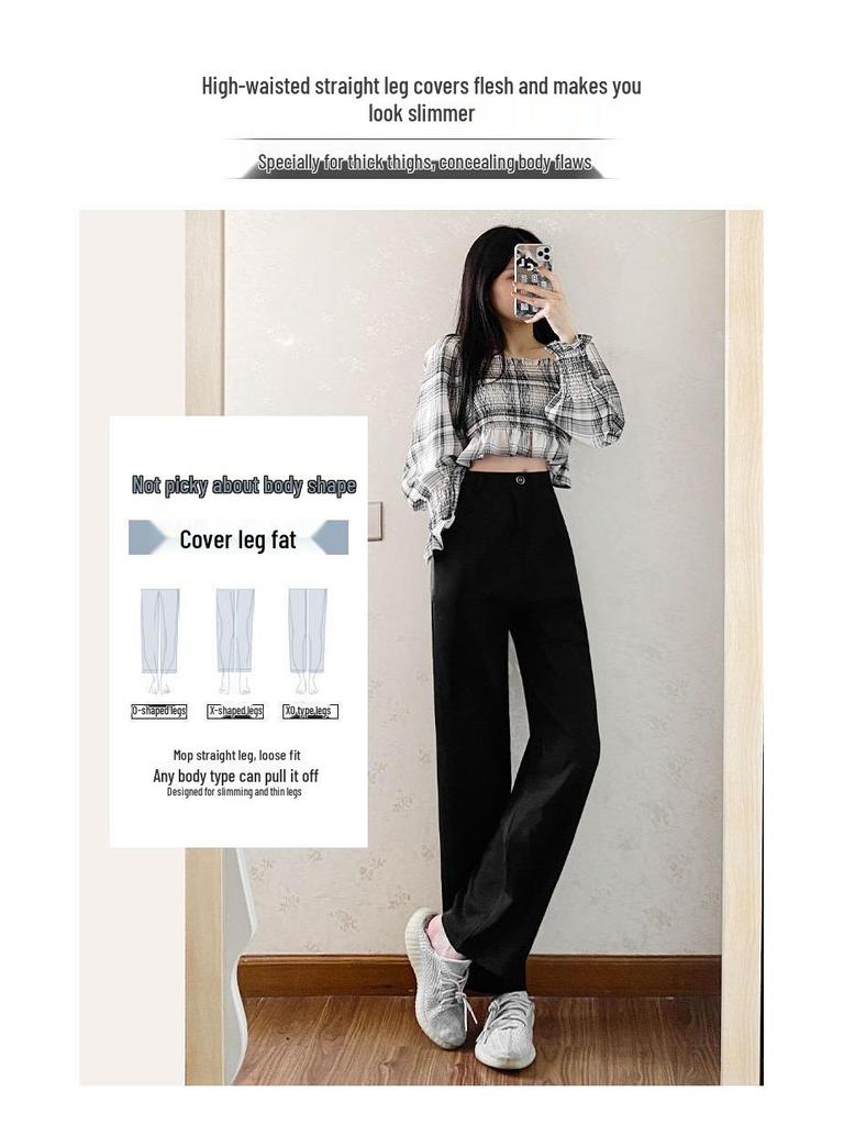 Women's Summer Wide-Leg Drape Pants - Black Straight Trousers