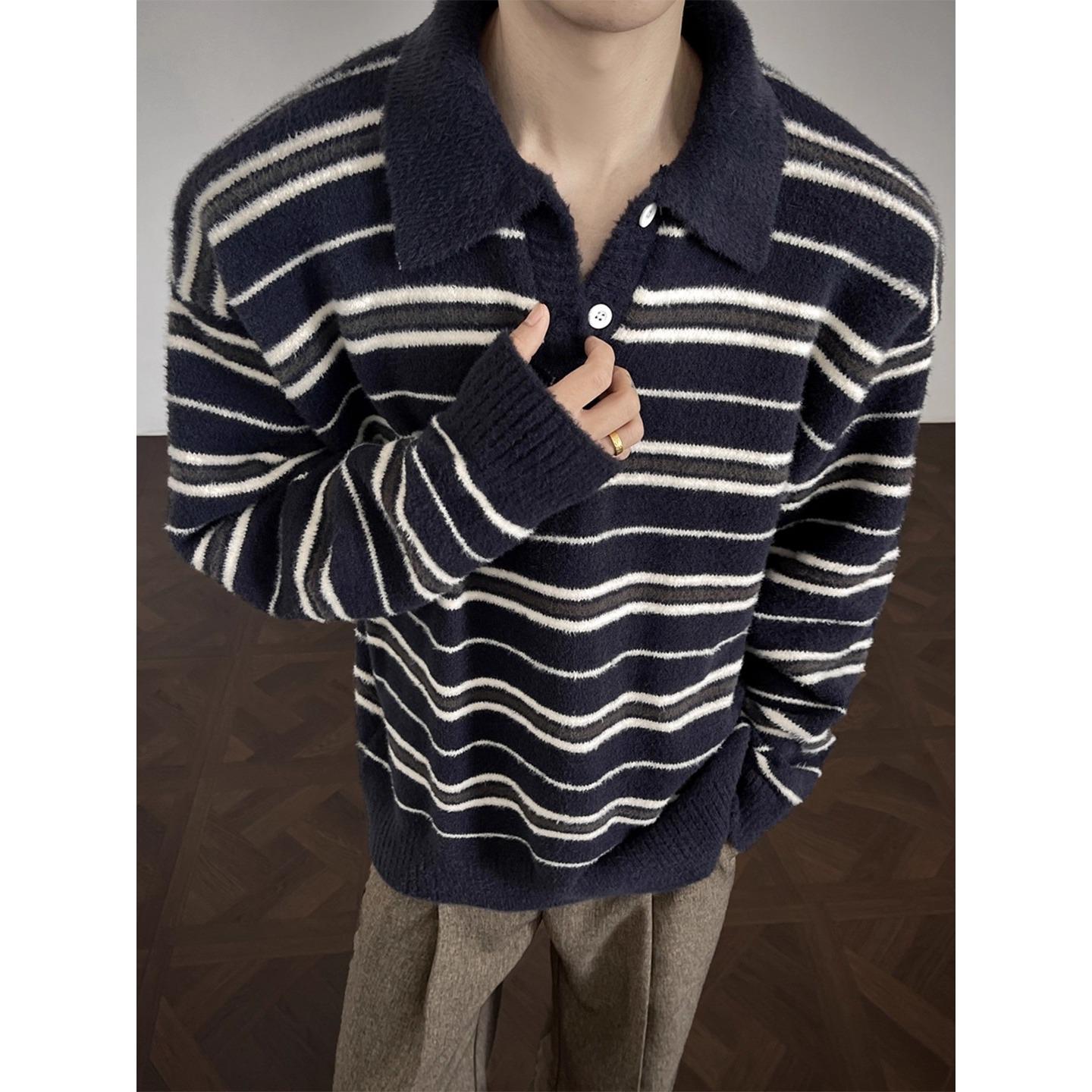 Men s Retro Striped Polo Neck Knitwear - Plus Size, Loose Fit, Casual Autumn/Winter Sweater M