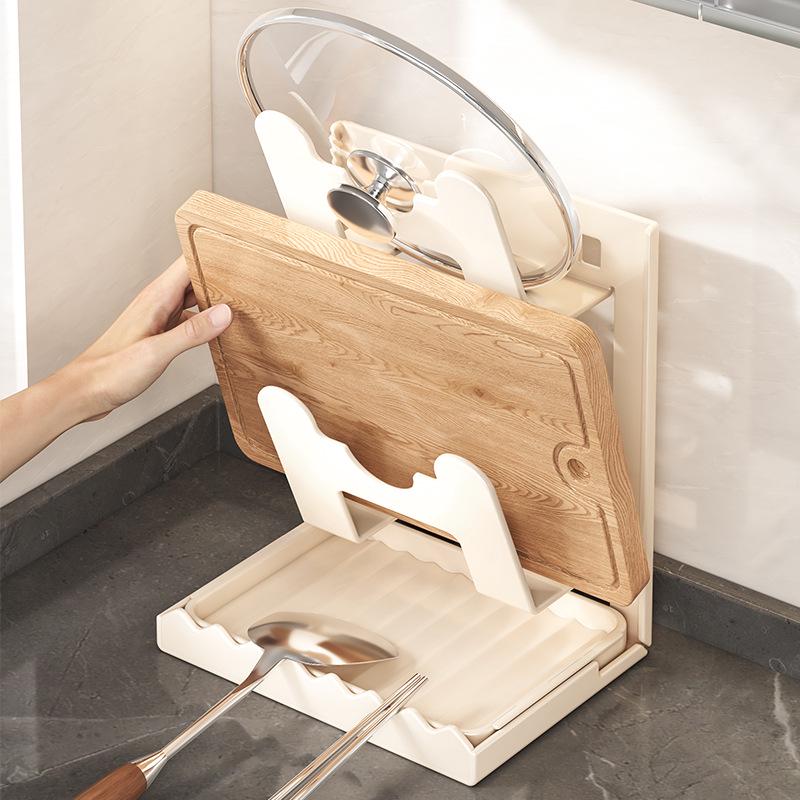 

Cream White Pot Lid & Pan Holder: Kitchen Countertop Storage Rack for Pots, Lids & Water Draining. Wall/Table Dual Use - Single Layer, Gun Gray