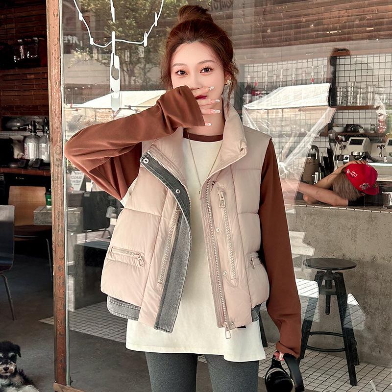 Autumn and winter down cotton vest women's short loose and thickened new stand-up collar splicing cotton vest vest jacket