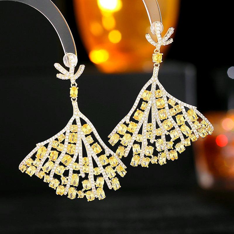 Light Luxury High-end Zircon Fan Earrings European and American Long Atmospheric Banquet Dress with Earrings