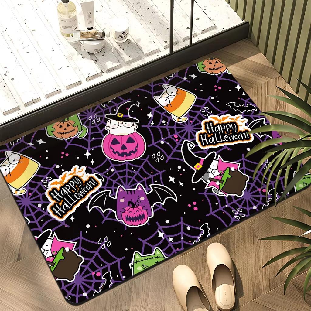 Halloween Themed Door Mat With Cute Spooky Patterns Like Pumpkins Bats Spider Webs Cartoons Non Slip Vibrant Entrance Rug