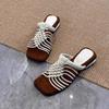 Fashion New Style Fashion Woven Thin Strap Slippers Summer Square Toe Open Toe Cutout Breathable Non-slip Wear-resistant Low Heel Shoes