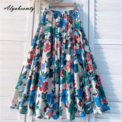 Nou stil etnic primăvară vară femei fustă midi talie înaltă cu imprimeu floral fustă vintage retro contrast culoare fuste feminine